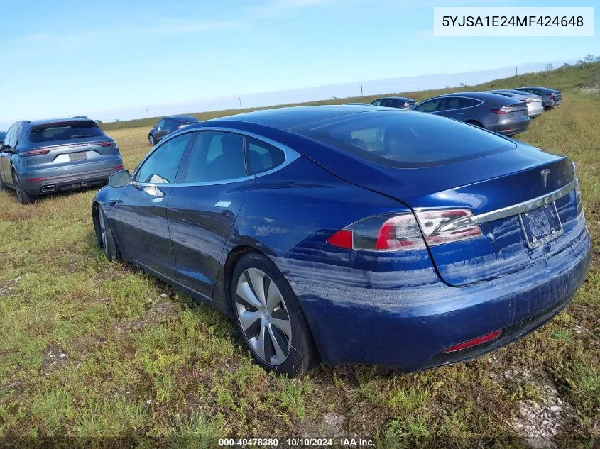 2021 Tesla Model S VIN: 5YJSA1E24MF424648 Lot: 40478380