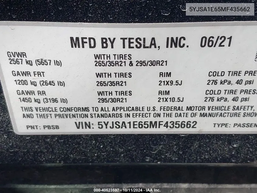 2021 Tesla Model S Plaid Tri Motor All-Wheel Drive VIN: 5YJSA1E65MF435662 Lot: 40523597