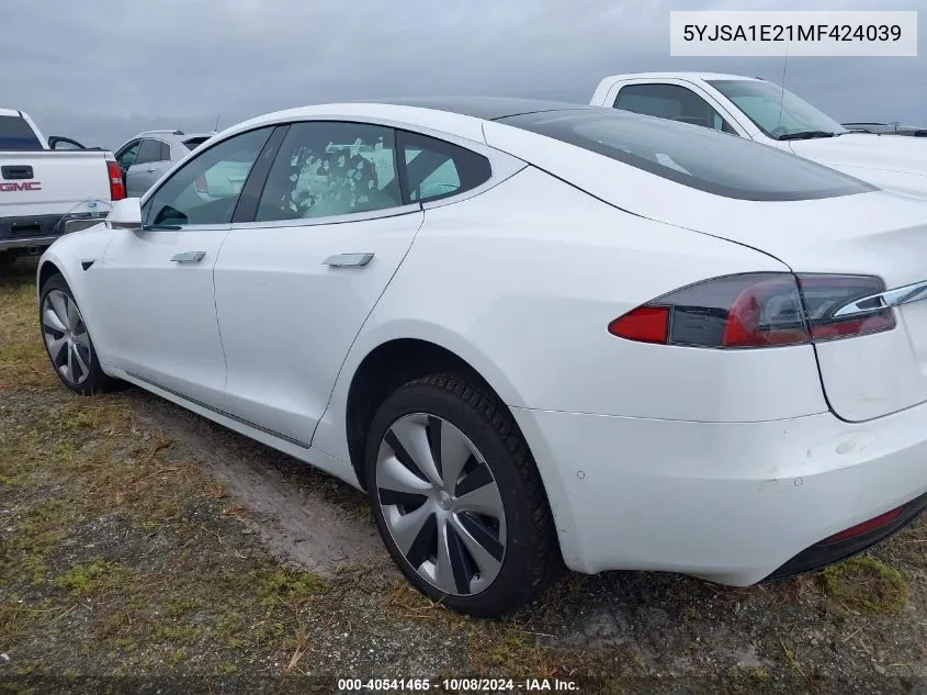 2021 Tesla Model S VIN: 5YJSA1E21MF424039 Lot: 40541465