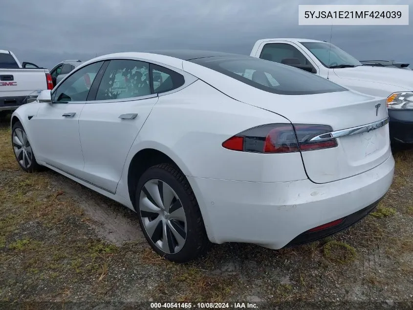 2021 Tesla Model S VIN: 5YJSA1E21MF424039 Lot: 40541465