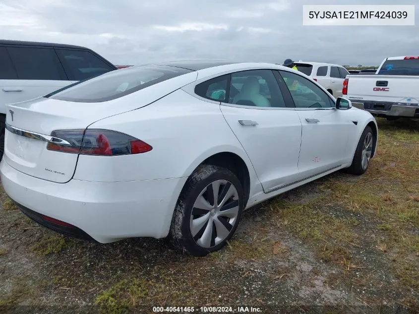 2021 Tesla Model S VIN: 5YJSA1E21MF424039 Lot: 40541465