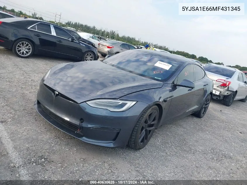 2021 Tesla Model S Plaid Tri Motor All-Wheel Drive VIN: 5YJSA1E66MF431345 Lot: 40630625