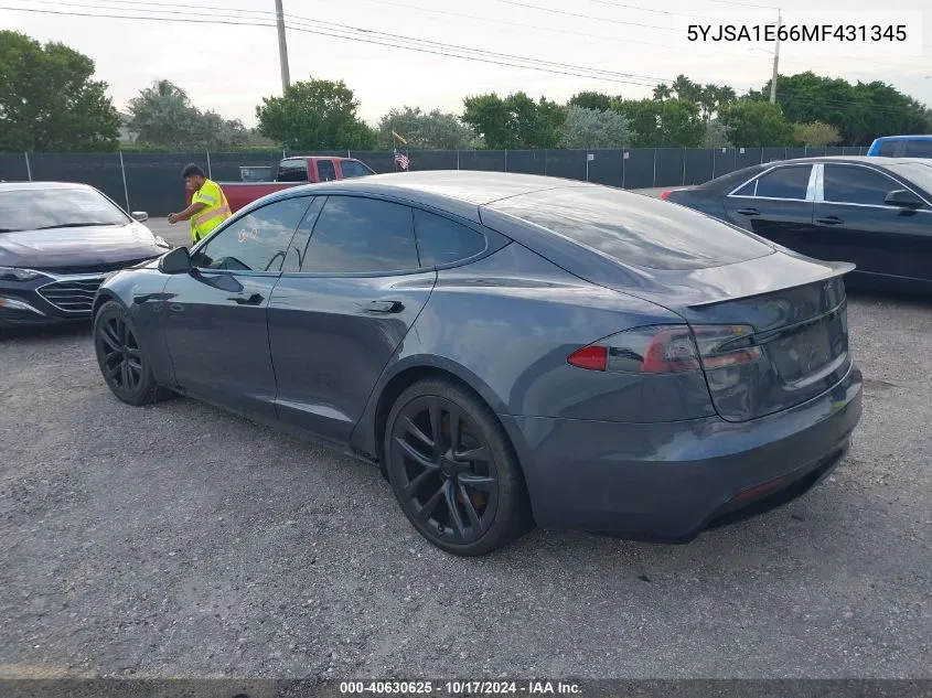 2021 Tesla Model S Plaid Tri Motor All-Wheel Drive VIN: 5YJSA1E66MF431345 Lot: 40630625