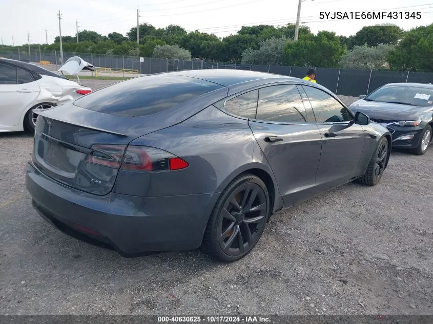 2021 Tesla Model S Plaid Tri Motor All-Wheel Drive VIN: 5YJSA1E66MF431345 Lot: 40630625