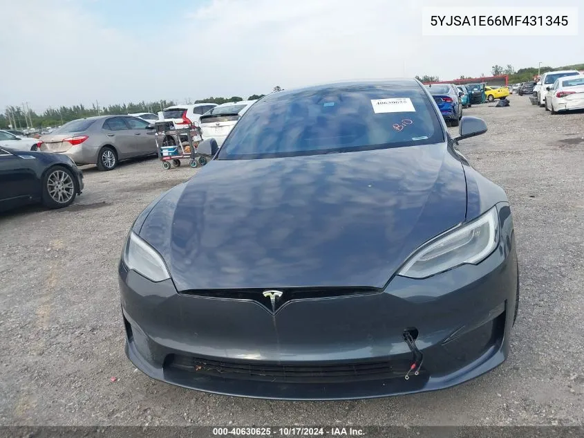 2021 Tesla Model S Plaid Tri Motor All-Wheel Drive VIN: 5YJSA1E66MF431345 Lot: 40630625