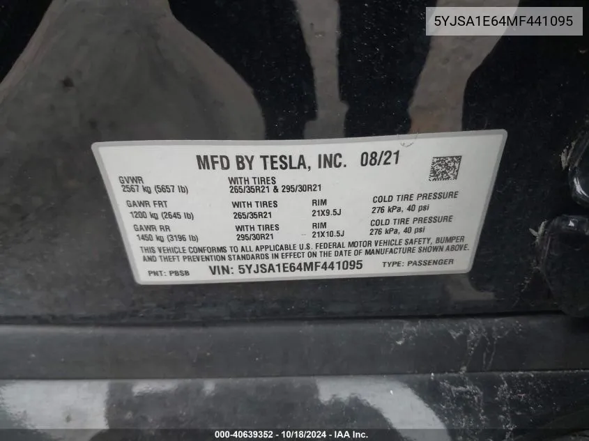 2021 Tesla Model S Plaid Tri Motor All-Wheel Drive VIN: 5YJSA1E64MF441095 Lot: 40639352