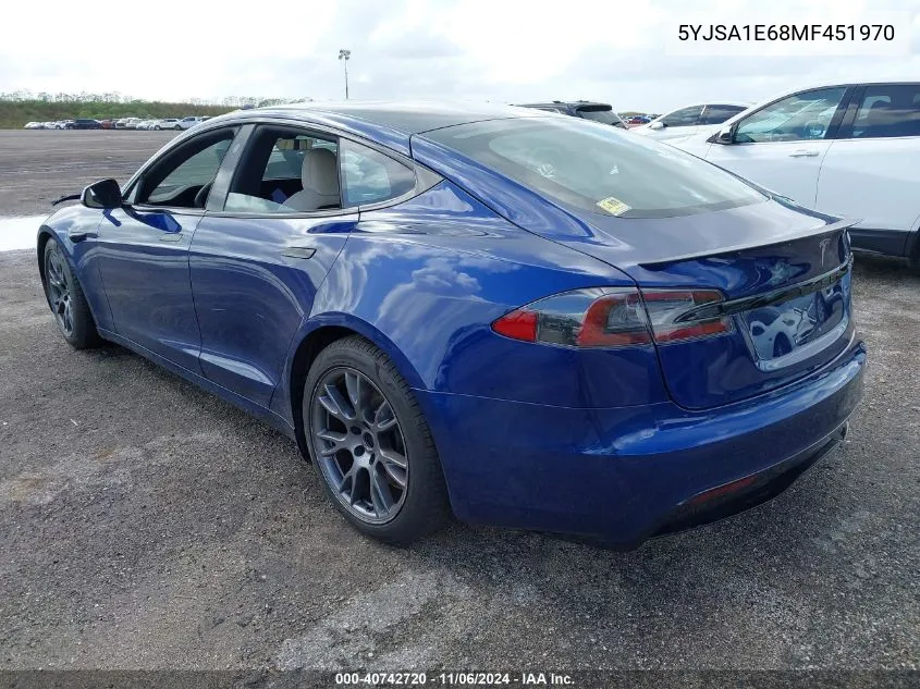 2021 Tesla Model S Plaid Tri Motor All-Wheel Drive VIN: 5YJSA1E68MF451970 Lot: 40742720