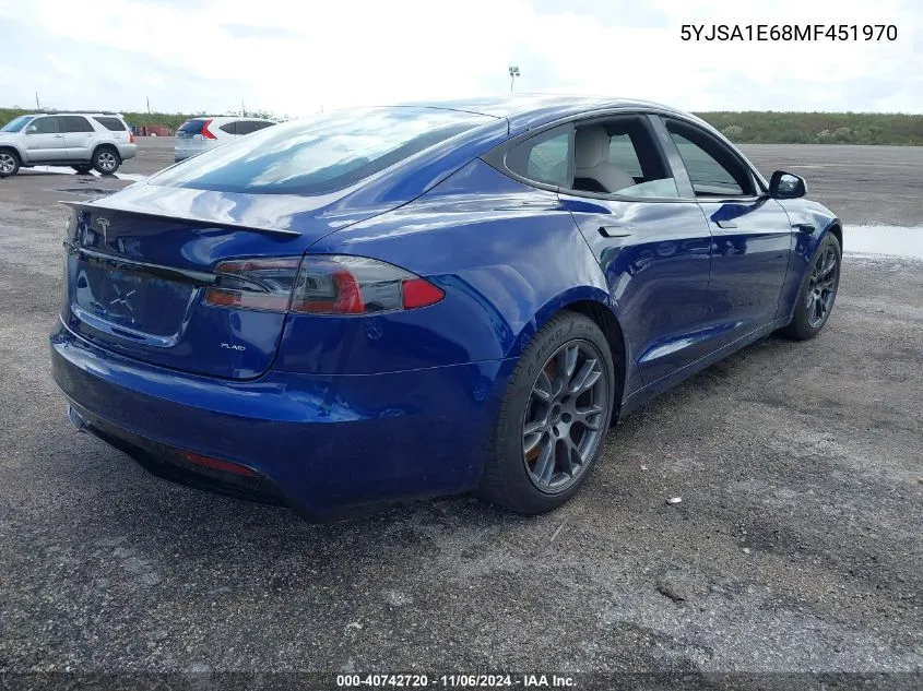 2021 Tesla Model S Plaid Tri Motor All-Wheel Drive VIN: 5YJSA1E68MF451970 Lot: 40742720