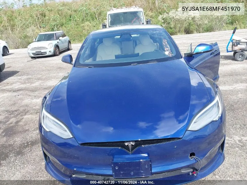 2021 Tesla Model S Plaid Tri Motor All-Wheel Drive VIN: 5YJSA1E68MF451970 Lot: 40742720