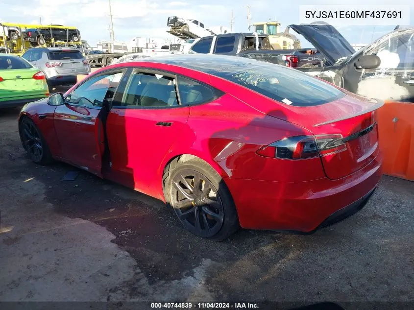 2021 Tesla Model S Plaid Tri Motor All-Wheel Drive VIN: 5YJSA1E60MF437691 Lot: 40744839