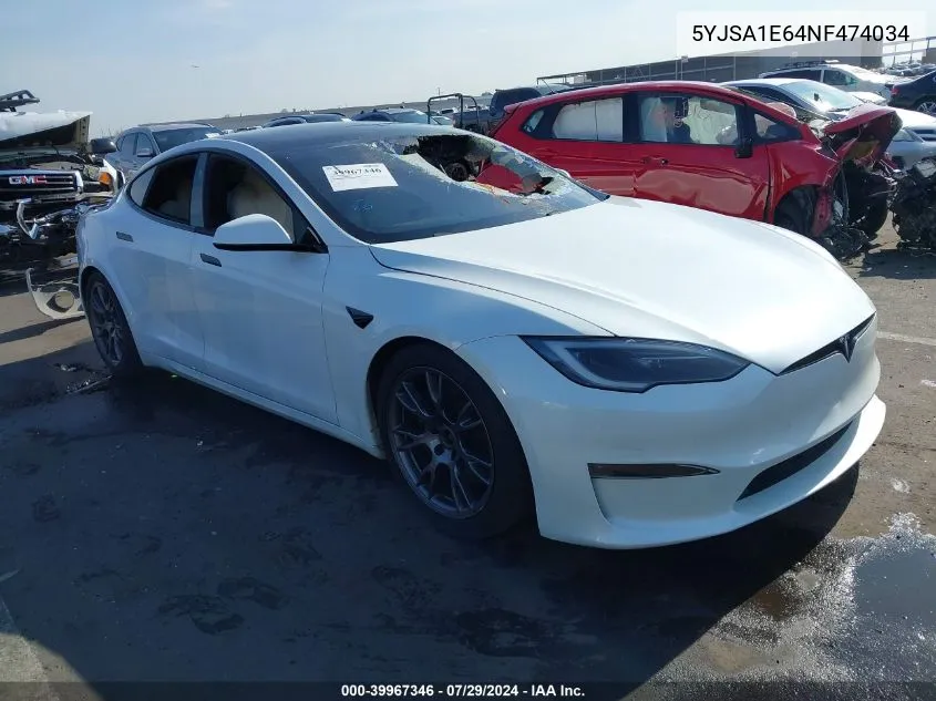 2022 Tesla Model S Plaid Tri Motor All-Wheel Drive VIN: 5YJSA1E64NF474034 Lot: 39967346