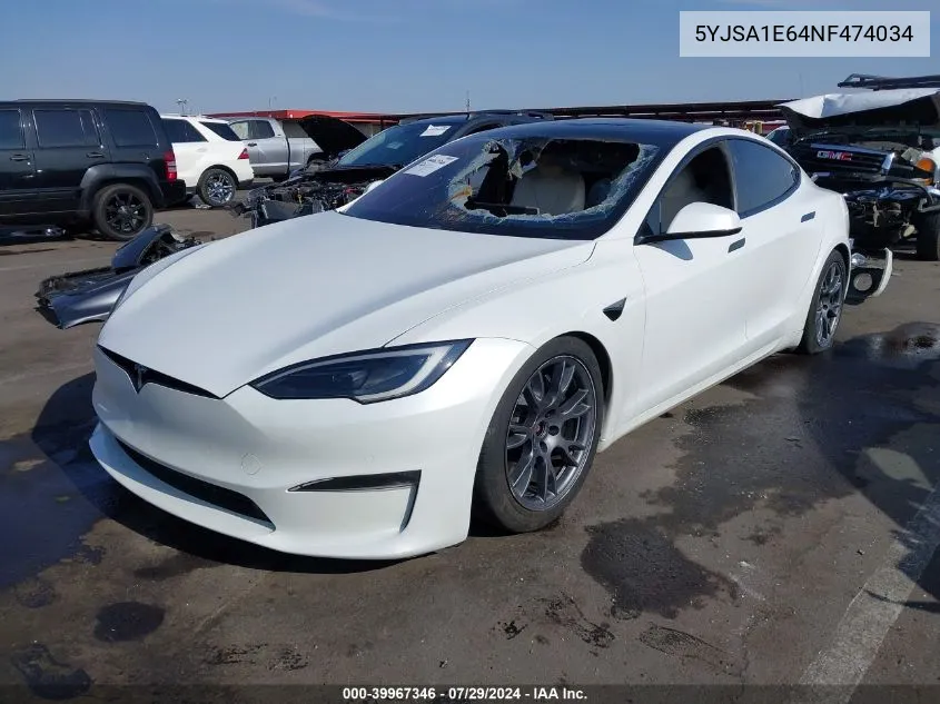 2022 Tesla Model S Plaid Tri Motor All-Wheel Drive VIN: 5YJSA1E64NF474034 Lot: 39967346