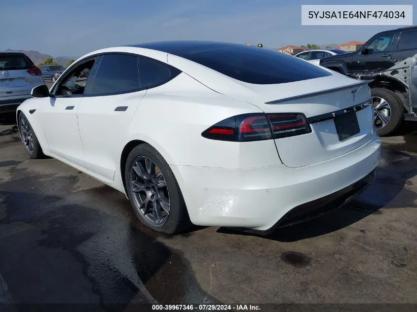 2022 Tesla Model S Plaid Tri Motor All-Wheel Drive VIN: 5YJSA1E64NF474034 Lot: 39967346