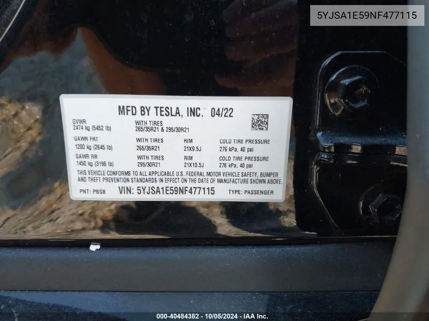 2022 Tesla Model S Dual Motor All-Wheel Drive VIN: 5YJSA1E59NF477115 Lot: 40484382