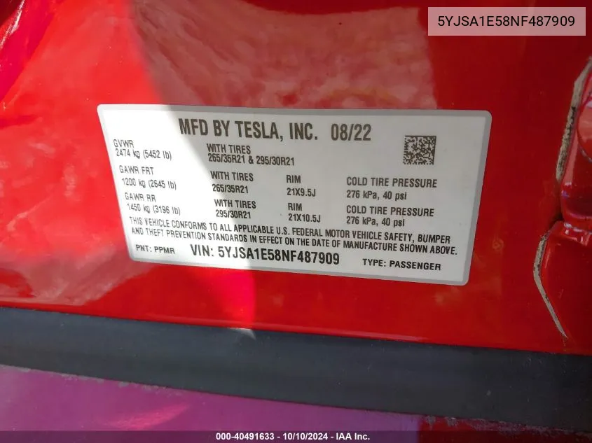 2022 Tesla Model S VIN: 5YJSA1E58NF487909 Lot: 40491633