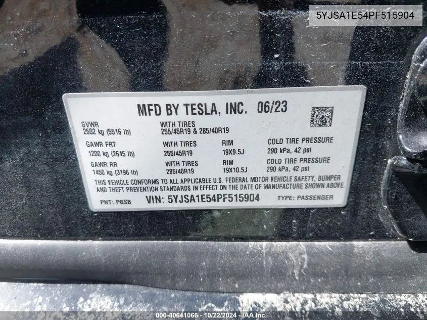 2023 Tesla Model S Dual Motor All-Wheel Drive/Standard Range VIN: 5YJSA1E54PF515904 Lot: 40641066