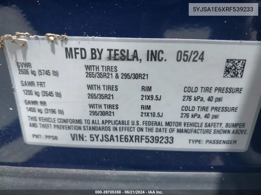 2024 Tesla Model S Plaid Tri Motor All-Wheel Drive VIN: 5YJSA1E6XRF539233 Lot: 39705358