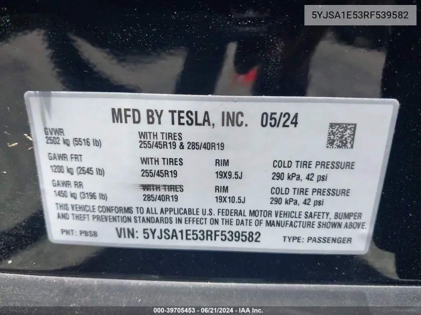 5YJSA1E53RF539582 2024 Tesla Model S Long Range