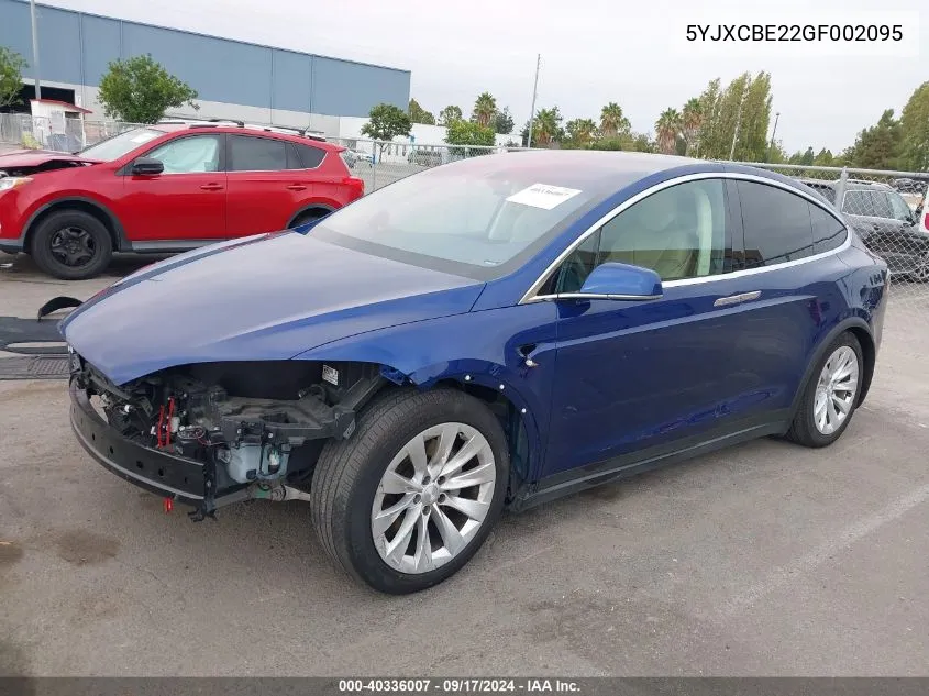 2016 Tesla Model X 60D/70D/75D/90D/P100D VIN: 5YJXCBE22GF002095 Lot: 40336007