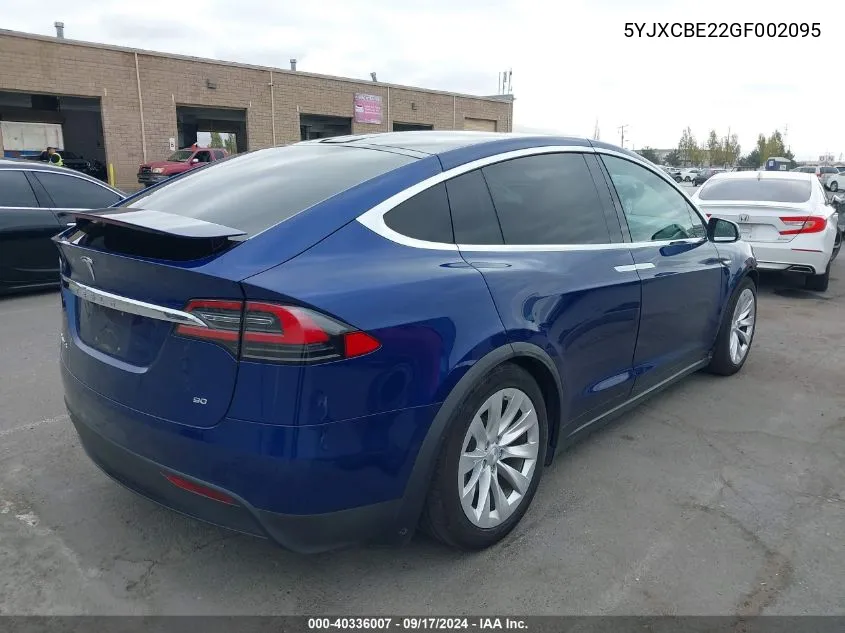 2016 Tesla Model X 60D/70D/75D/90D/P100D VIN: 5YJXCBE22GF002095 Lot: 40336007