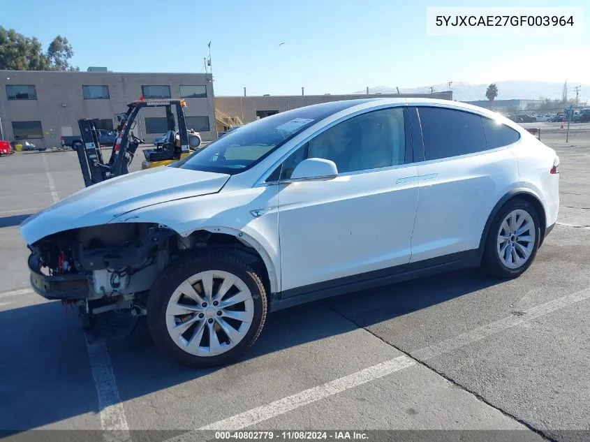 2016 Tesla Model X 60D/70D/75D/90D VIN: 5YJXCAE27GF003964 Lot: 40802779