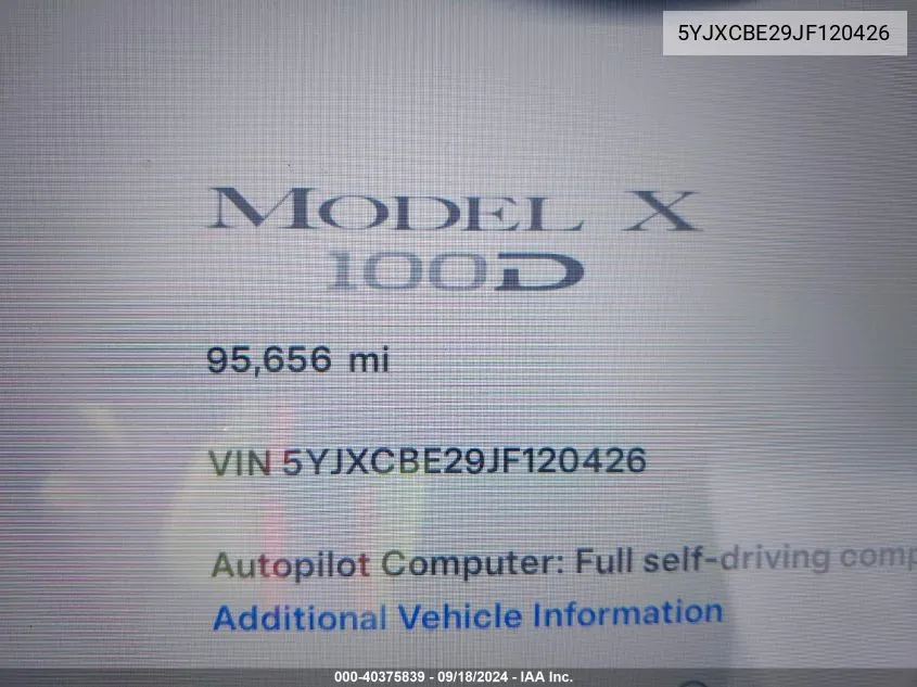 2018 Tesla Model X VIN: 5YJXCBE29JF120426 Lot: 40375839