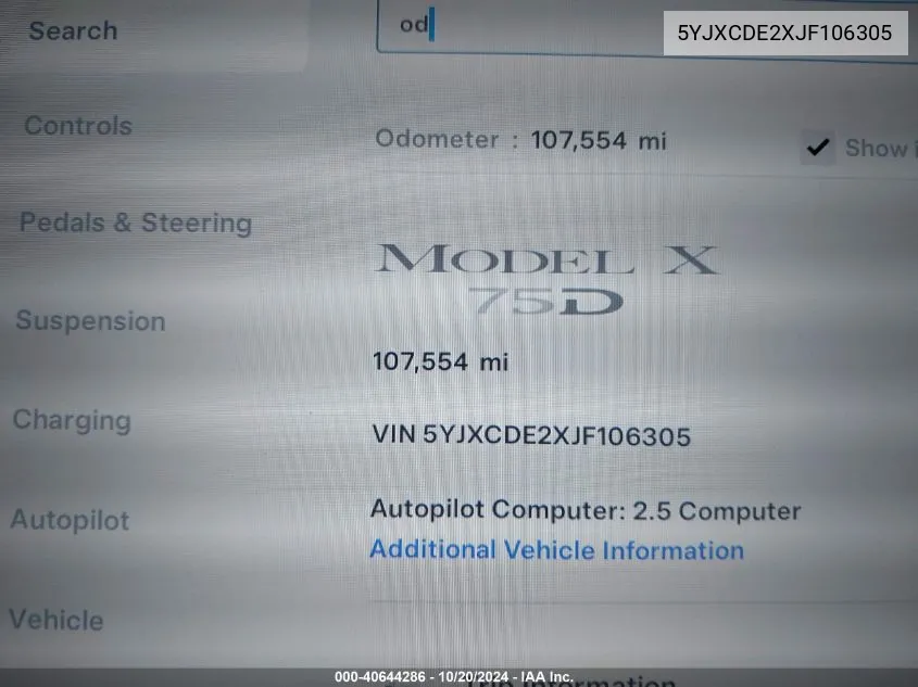 2018 Tesla Model X 100D/75D/P100D VIN: 5YJXCDE2XJF106305 Lot: 40910364