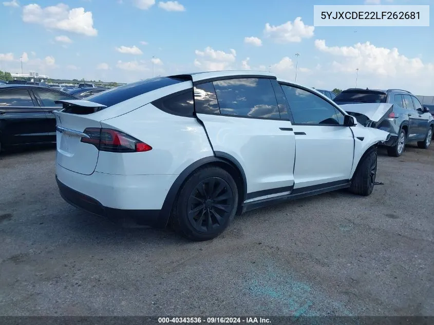 2020 Tesla Model X Long Range Dual Motor All-Wheel Drive/Long Range Plus Dual Motor All-Wheel Drive VIN: 5YJXCDE22LF262681 Lot: 40343536