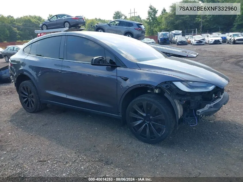 2022 Tesla Model X Plaid Tri Motor All-Wheel Drive VIN: 7SAXCBE6XNF332960 Lot: 40014253