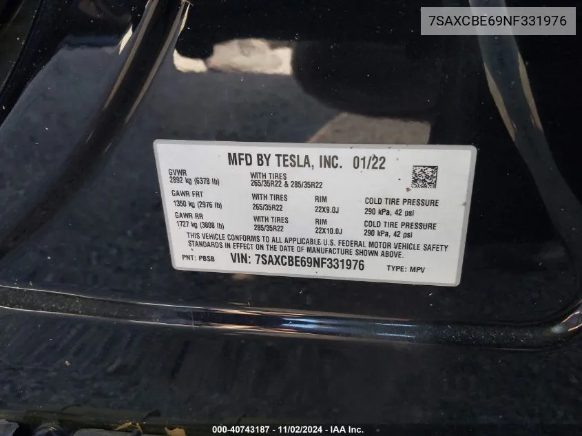 2022 Tesla Model X Plaid Tri Motor All-Wheel Drive VIN: 7SAXCBE69NF331976 Lot: 40743187