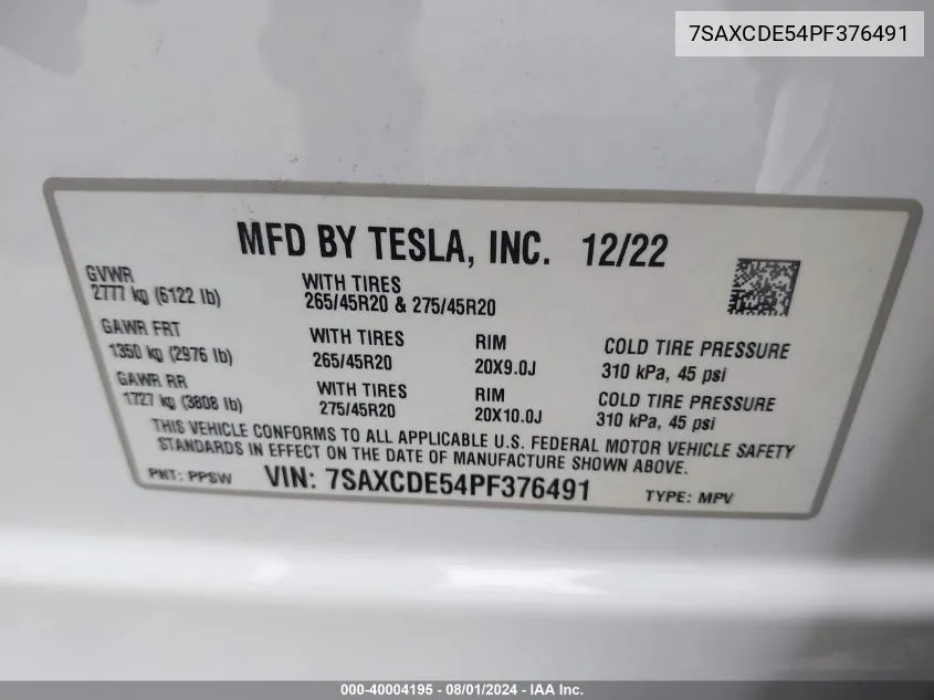 2023 Tesla Model X Dual Motor All-Wheel Drive/Standard Range VIN: 7SAXCDE54PF376491 Lot: 40004195