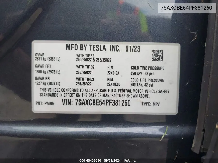 2023 Tesla Model X Dual Motor All-Wheel Drive/Standard Range VIN: 7SAXCBE54PF381260 Lot: 40408050