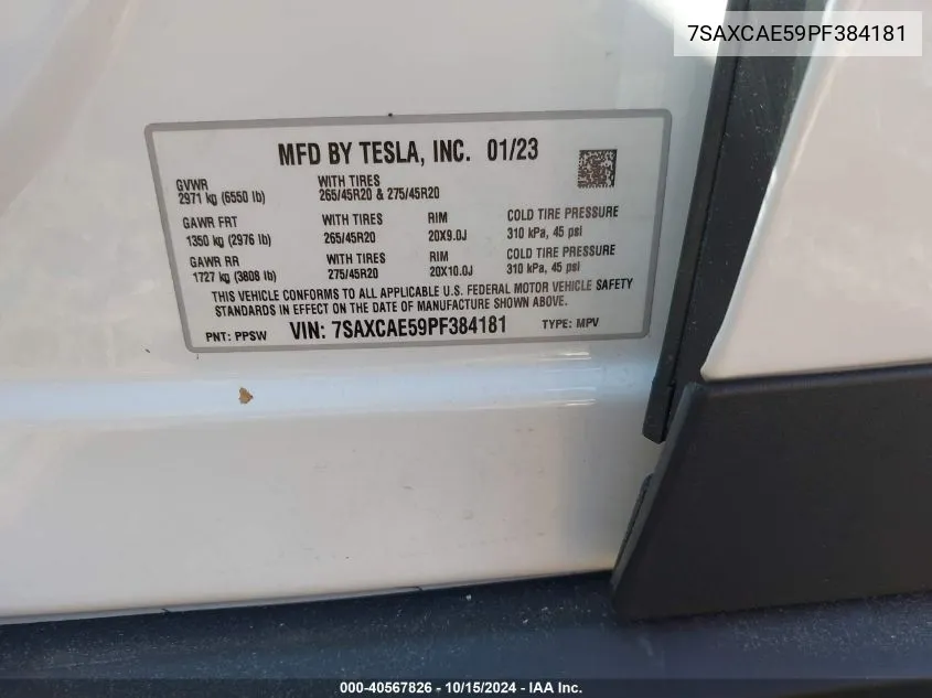 2023 Tesla Model X Dual Motor All-Wheel Drive/Standard Range VIN: 7SAXCAE59PF384181 Lot: 40567826