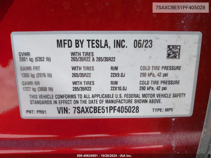 2023 Tesla Model X Dual Motor All-Wheel Drive/Standard Range VIN: 7SAXCBE51PF405028 Lot: 40634551