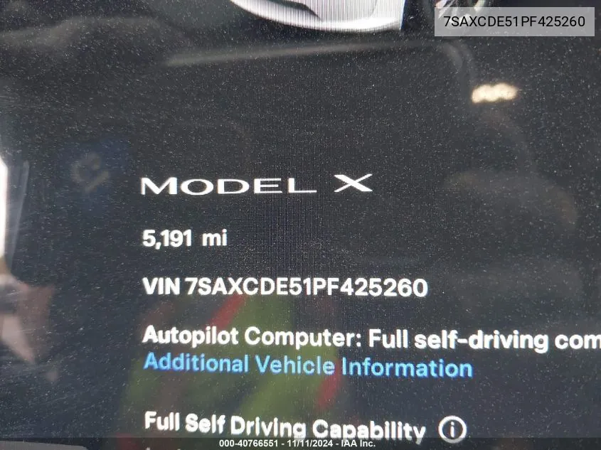 2023 Tesla Model X Dual Motor All-Wheel Drive/Standard Range VIN: 7SAXCDE51PF425260 Lot: 40766551