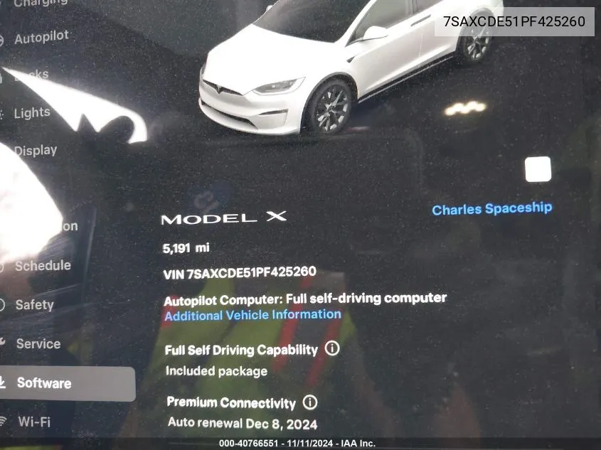 2023 Tesla Model X Dual Motor All-Wheel Drive/Standard Range VIN: 7SAXCDE51PF425260 Lot: 40766551