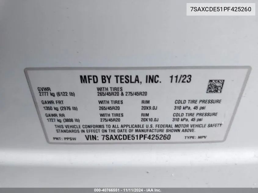 2023 Tesla Model X Dual Motor All-Wheel Drive/Standard Range VIN: 7SAXCDE51PF425260 Lot: 40766551