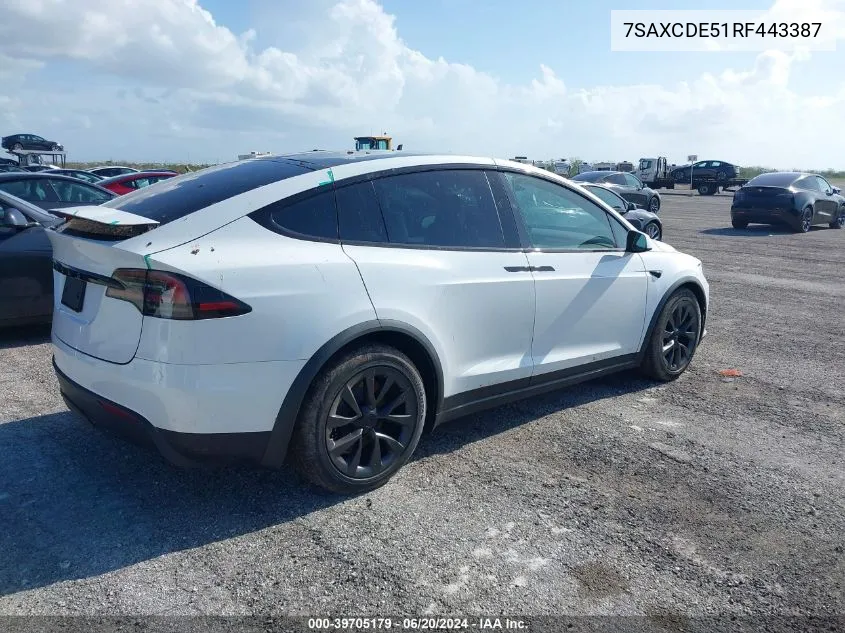 2024 Tesla Model X Long Range VIN: 7SAXCDE51RF443387 Lot: 39705179