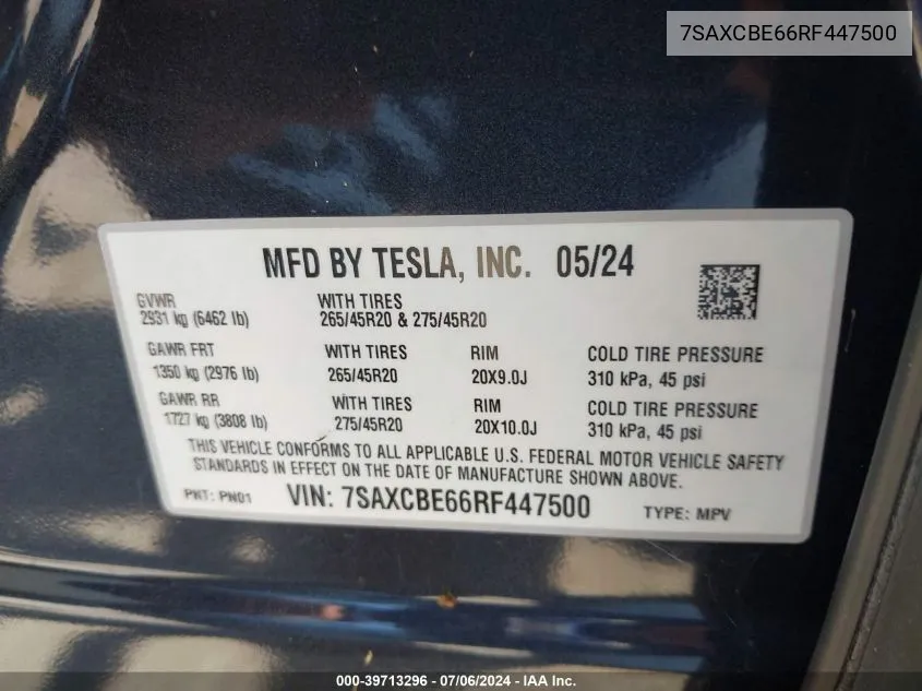 2024 Tesla Model X Plaid Tri Motor All-Wheel Drive VIN: 7SAXCBE66RF447500 Lot: 39713296