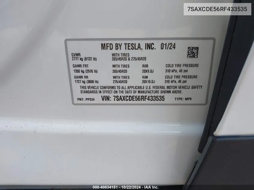 2024 Tesla Model X Long Range VIN: 7SAXCDE56RF433535 Lot: 40534151