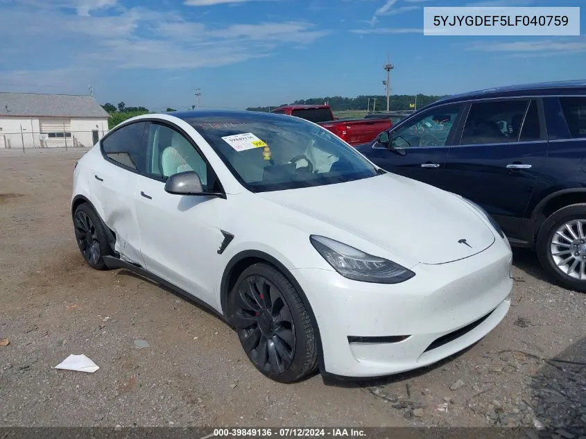 2020 Tesla Model Y Long Range Dual Motor All-Wheel Drive/Performance Dual Motor All-Wheel Drive VIN: 5YJYGDEF5LF040759 Lot: 39849136