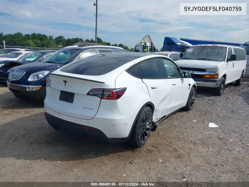 2020 Tesla Model Y Long Range Dual Motor All-Wheel Drive/Performance Dual Motor All-Wheel Drive VIN: 5YJYGDEF5LF040759 Lot: 39849136