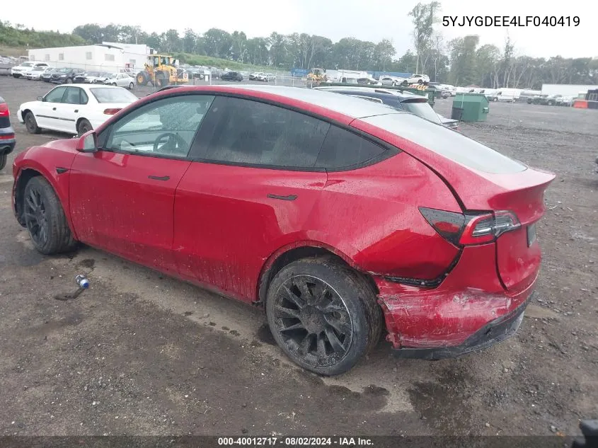 2020 Tesla Model Y Long Range Dual Motor All-Wheel Drive VIN: 5YJYGDEE4LF040419 Lot: 40012717