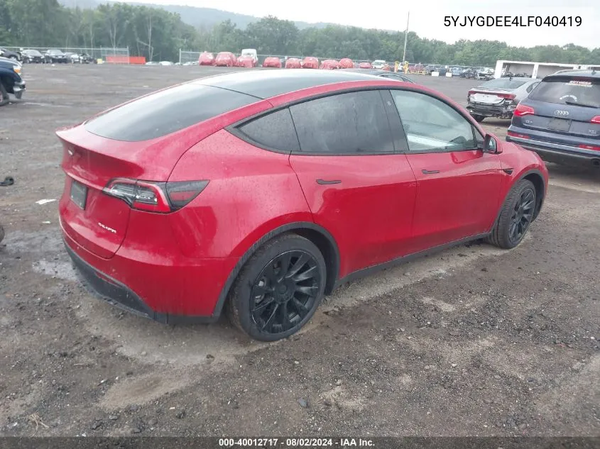 2020 Tesla Model Y Long Range Dual Motor All-Wheel Drive VIN: 5YJYGDEE4LF040419 Lot: 40012717