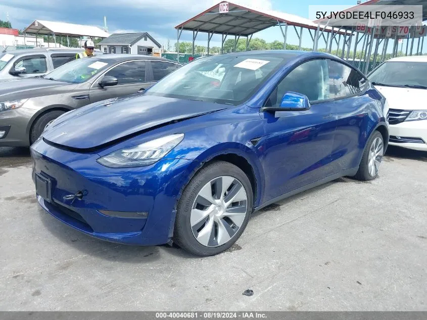 2020 Tesla Model Y Long Range Dual Motor All-Wheel Drive VIN: 5YJYGDEE4LF046933 Lot: 40040681