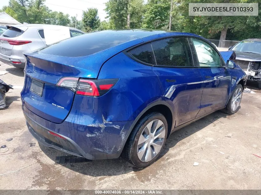 2020 Tesla Model Y Long Range Dual Motor All-Wheel Drive VIN: 5YJYGDEE5LF010393 Lot: 40074036