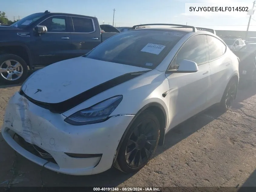 2020 Tesla Model Y Long Range Dual Motor All-Wheel Drive VIN: 5YJYGDEE4LF014502 Lot: 40191248