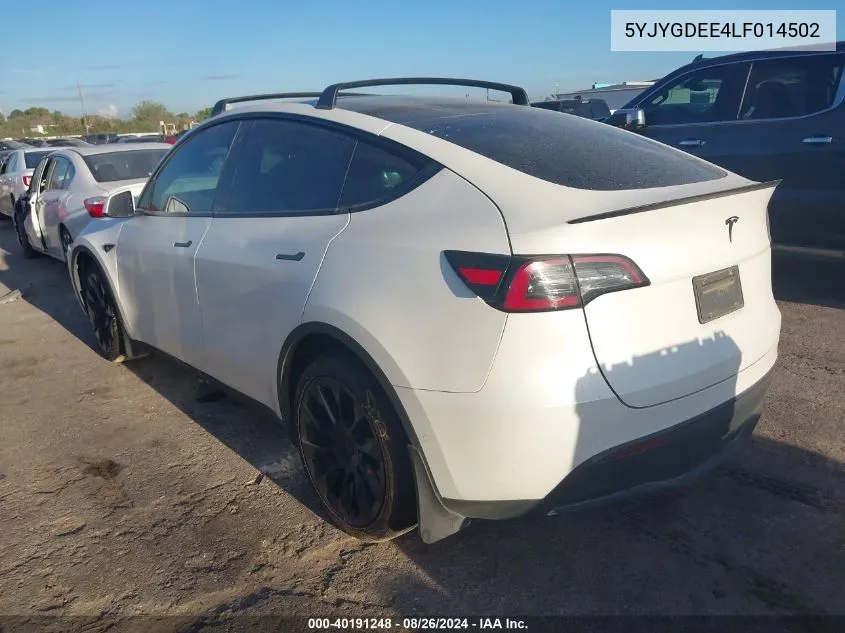 2020 Tesla Model Y Long Range Dual Motor All-Wheel Drive VIN: 5YJYGDEE4LF014502 Lot: 40191248