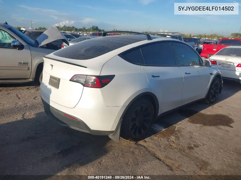 2020 Tesla Model Y Long Range Dual Motor All-Wheel Drive VIN: 5YJYGDEE4LF014502 Lot: 40191248