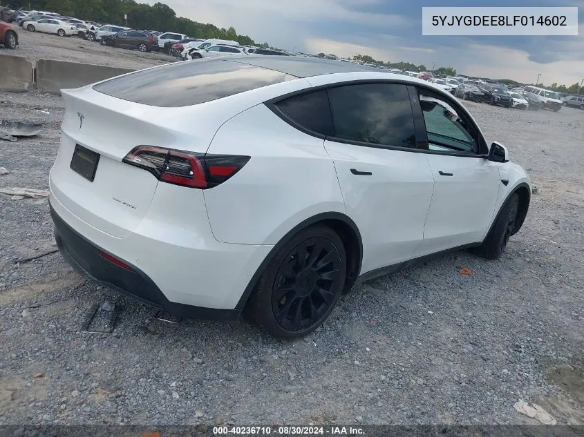 2020 Tesla Model Y Long Range Dual Motor All-Wheel Drive VIN: 5YJYGDEE8LF014602 Lot: 40236710